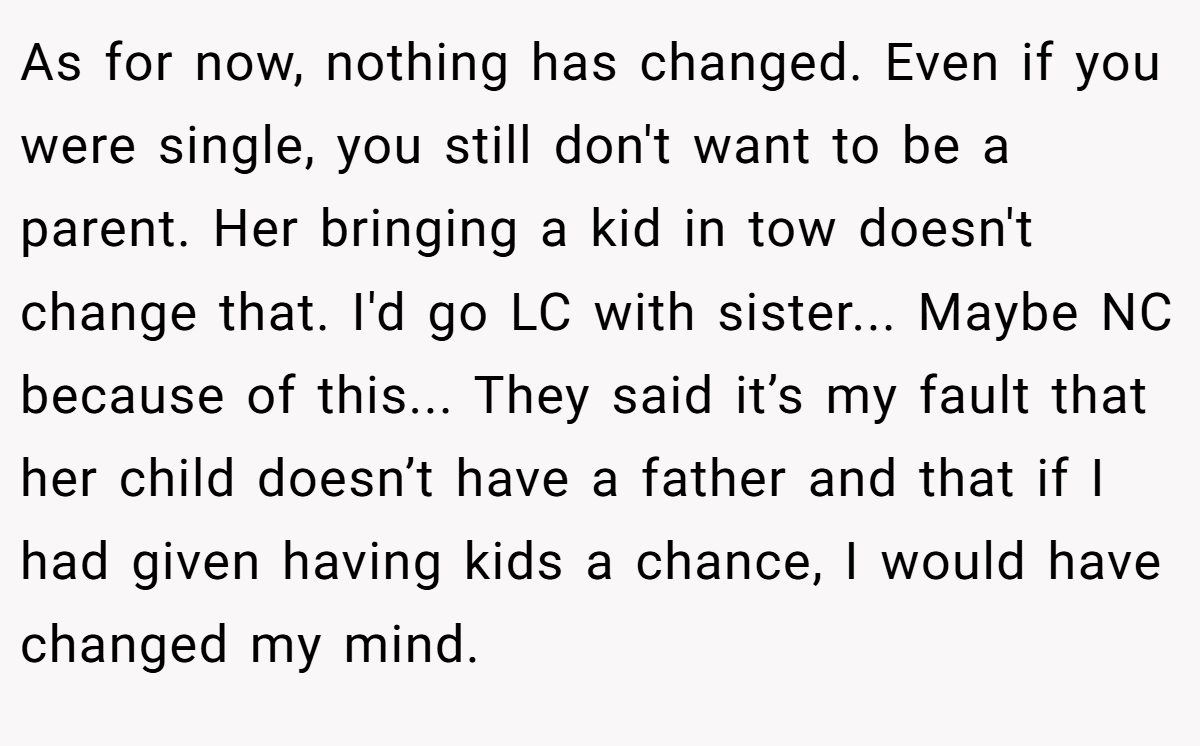 As for now, nothing has changed. Even if you were single, you still don't want to be a parent. Her bringing a kid in tow doesn't change that. I'd go LC with sister... Maybe NC because of this... They said it’s my fault that her child doesn’t have a father and that if I had given having kids a chance, I would have changed my mind.