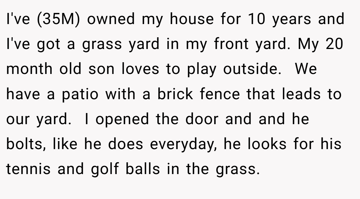 I've (35M) owned my house for 10 years and I've got a grass yard in my front yard. My 20 month old son loves to play outside.  We have a patio with a brick fence that leads to our yard.  I opened the door and and he bolts, like he does everyday, he looks for his tennis and golf balls in the grass.