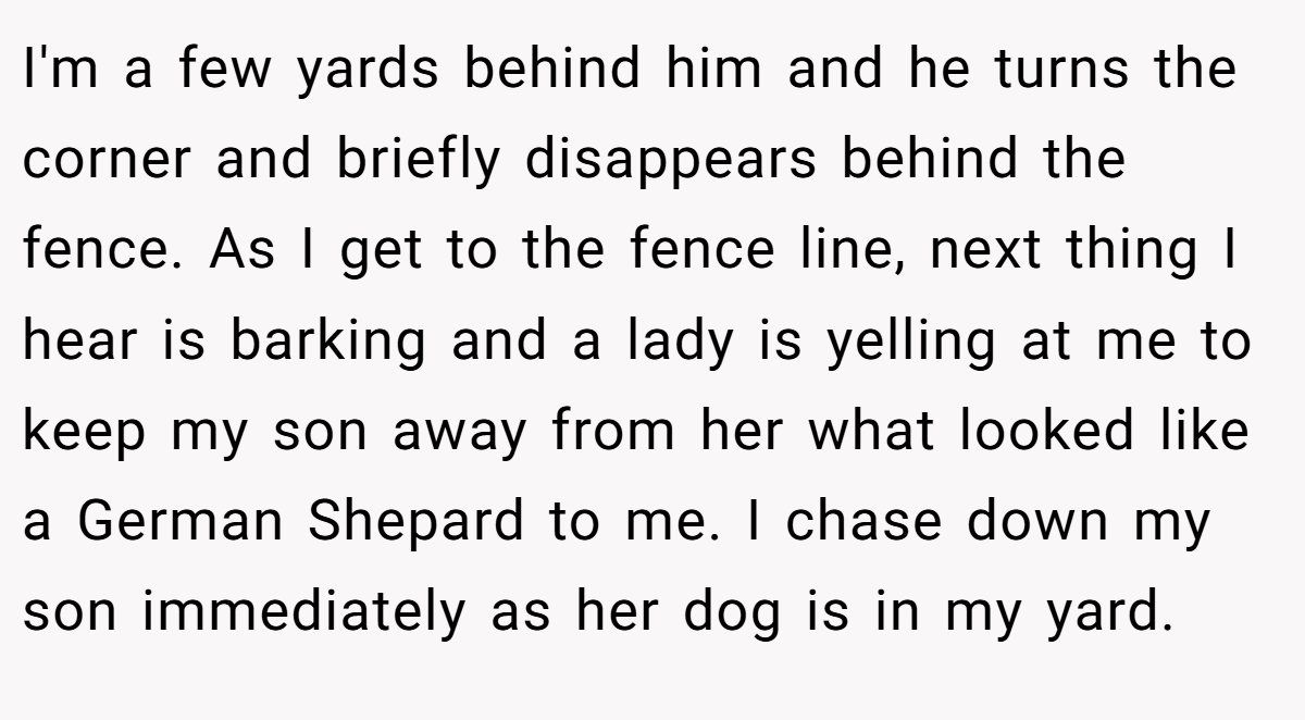 I'm a few yards behind him and he turns the corner and briefly disappears behind the fence. As I get to the fence line, next thing I hear is barking and a lady is yelling at me to keep my son away from her what looked like a German Shepard to me. I chase down my son immediately as her dog is in my yard.