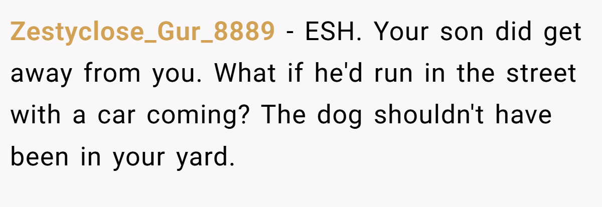 Zestyclose_Gur_8889 − ESH. Your son did get away from you. What if he'd run in the street with a car coming? The dog shouldn't have been in your yard.