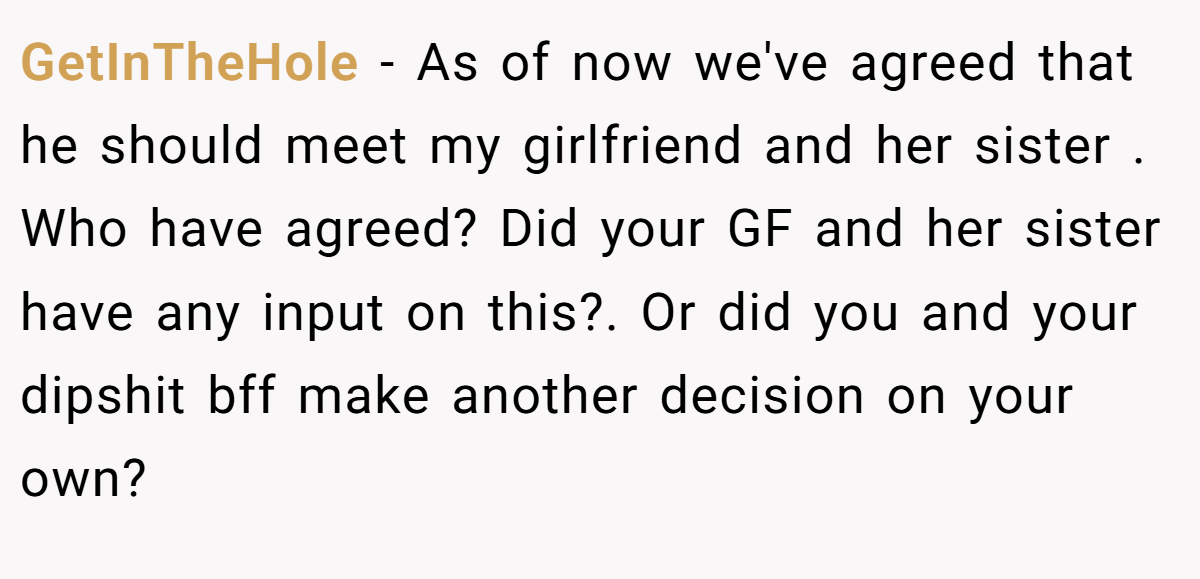 GetInTheHole − As of now we've agreed that he should meet my girlfriend and her sister . Who have agreed? Did your GF and her sister have any input on this?. Or did you and your dipshit bff make another decision on your own?