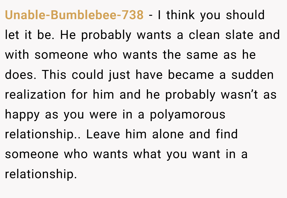 Unable-Bumblebee-738 − I think you should let it be. He probably wants a clean slate and with someone who wants the same as he does. This could just have became a sudden realization for him and he probably wasn’t as happy as you were in a polyamorous relationship.. Leave him alone and find someone who wants what you want in a relationship.