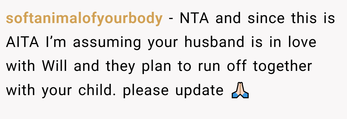 softanimalofyourbody − NTA and since this is AITA I’m assuming your husband is in love with Will and they plan to run off together with your child. please update 🙏🏻