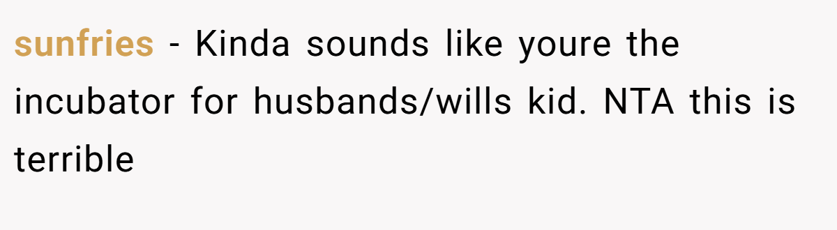 sunfries − Kinda sounds like youre the incubator for husbands/wills kid. NTA this is terrible