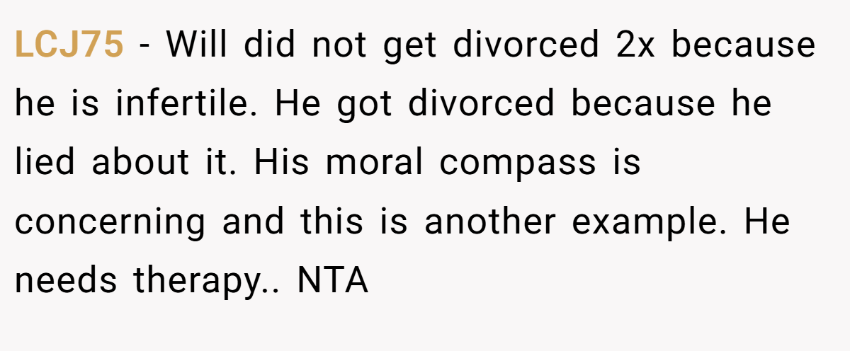 LCJ75 − Will did not get divorced 2x because he is infertile. He got divorced because he lied about it. His moral compass is concerning and this is another example. He needs therapy.. NTA