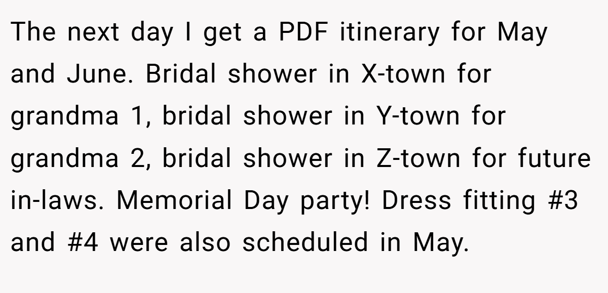 The next day I get a PDF itinerary for May and June. Bridal shower in X-town for grandma 1, bridal shower in Y-town for grandma 2, bridal shower in Z-town for future in-laws. Memorial Day party! Dress fitting #3 and #4 were also scheduled in May.