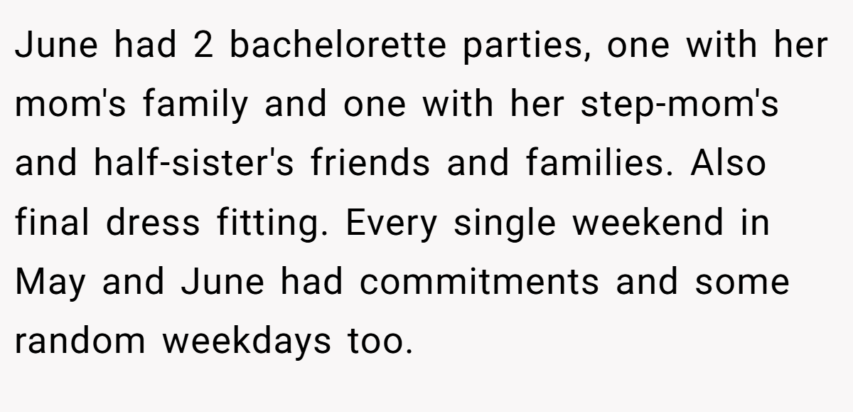 June had 2 bachelorette parties, one with her mom's family and one with her step-mom's and half-sister's friends and families. Also final dress fitting. Every single weekend in May and June had commitments and some random weekdays too.