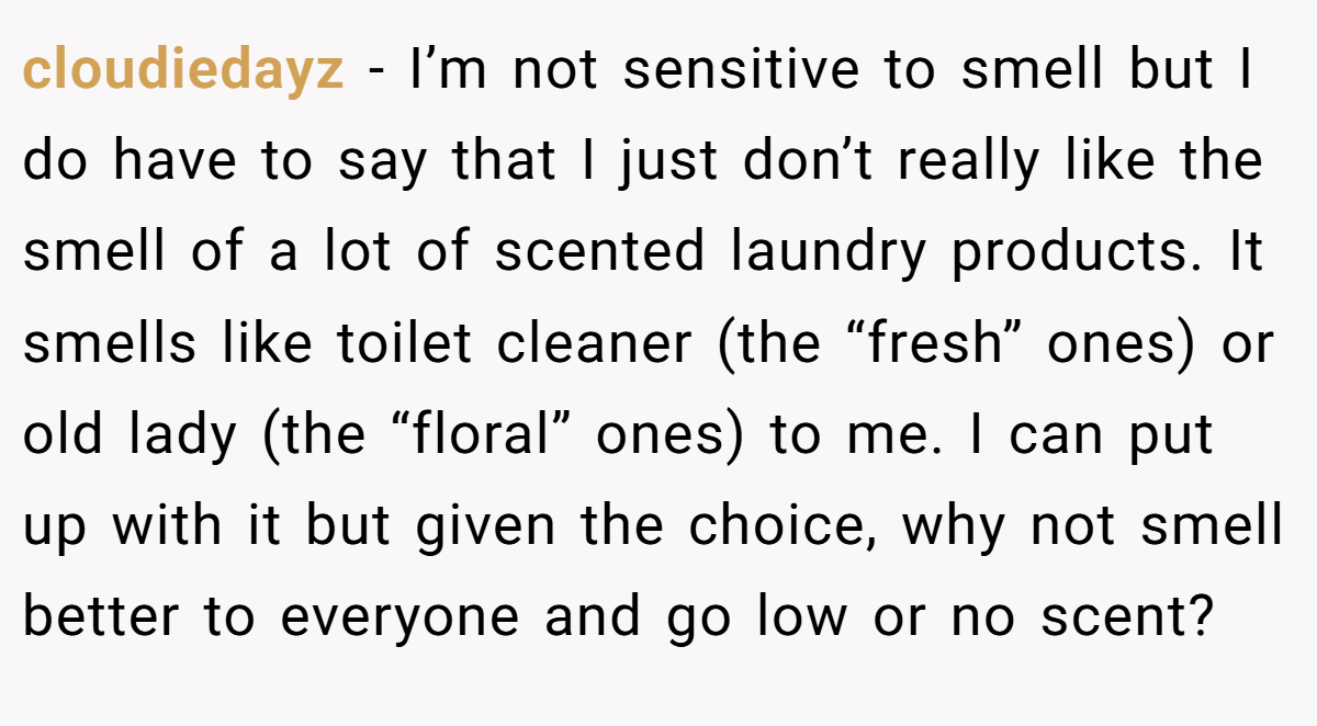 cloudiedayz − I’m not sensitive to smell but I do have to say that I just don’t really like the smell of a lot of scented laundry products. It smells like toilet cleaner (the “fresh” ones) or old lady (the “floral” ones) to me. I can put up with it but given the choice, why not smell better to everyone and go low or no scent?