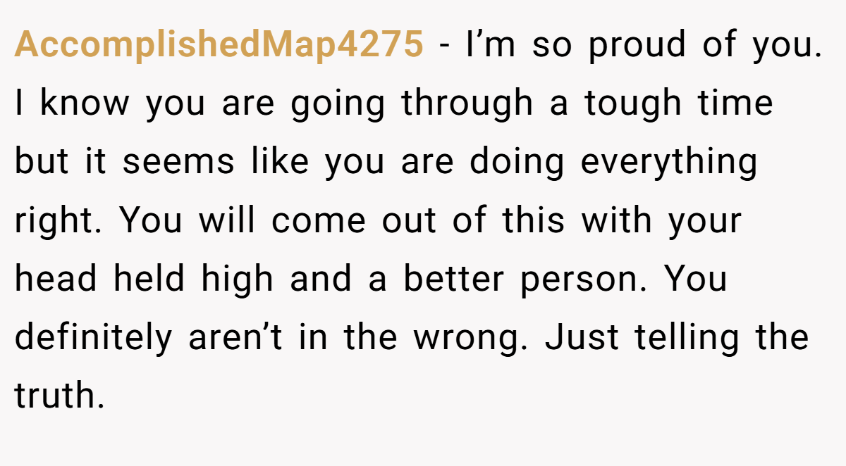 AccomplishedMap4275 − I’m so proud of you. I know you are going through a tough time but it seems like you are doing everything right. You will come out of this with your head held high and a better person. You definitely aren’t in the wrong. Just telling the truth.