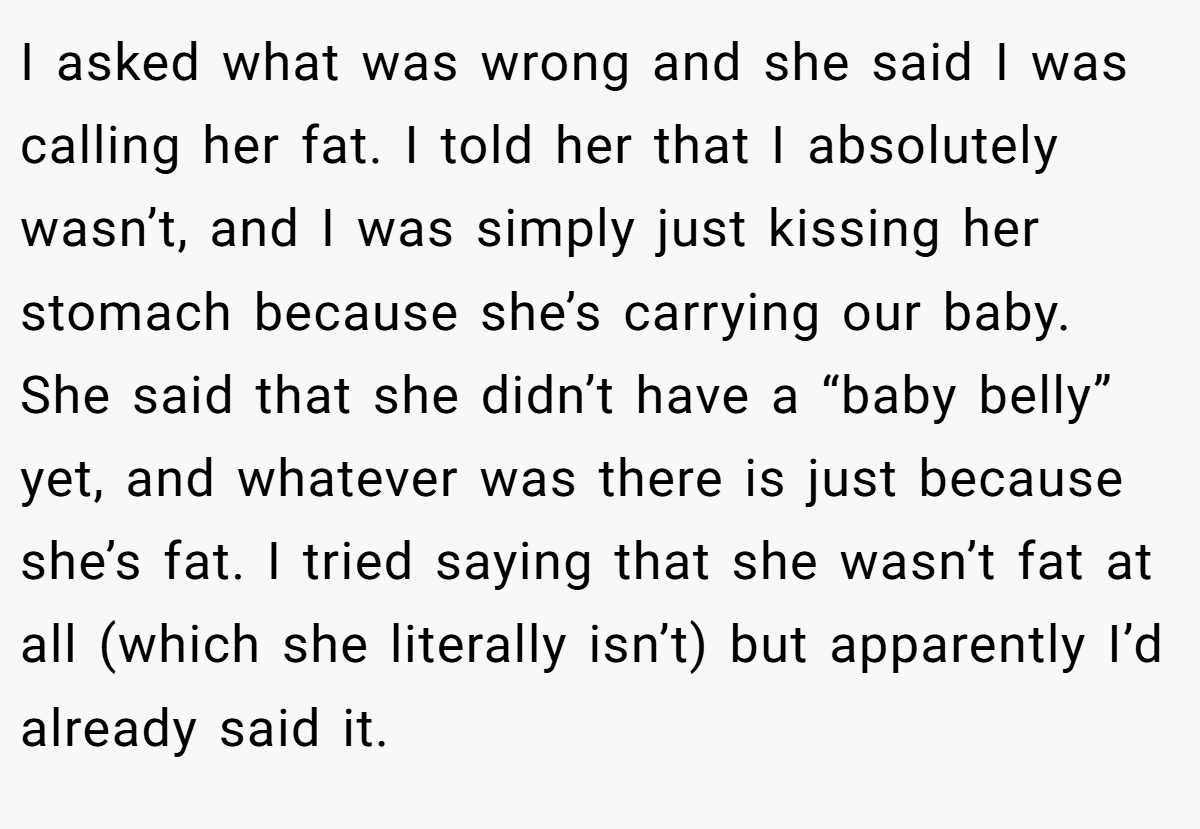 I asked what was wrong and she said I was calling her fat. I told her that I absolutely wasn’t, and I was simply just kissing her stomach because she’s carrying our baby. She said that she didn’t have a “baby belly” yet, and whatever was there is just because she’s fat. I tried saying that she wasn’t fat at all (which she literally isn’t) but apparently I’d already said it.