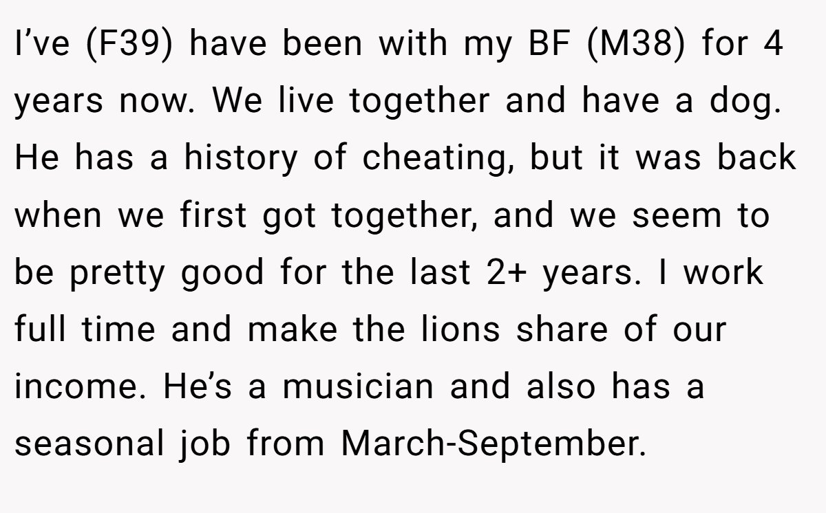 I’ve (F39) have been with my BF (M38) for 4 years now. We live together and have a dog. He has a history of cheating, but it was back when we first got together, and we seem to be pretty good for the last 2+ years. I work full time and make the lions share of our income. He’s a musician and also has a seasonal job from March-September.