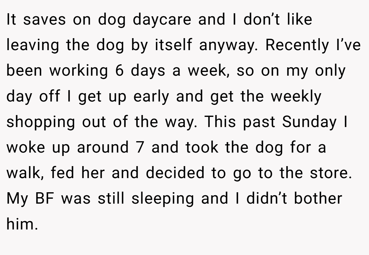 It saves on dog daycare and I don’t like leaving the dog by itself anyway. Recently I’ve been working 6 days a week, so on my only day off I get up early and get the weekly shopping out of the way. This past Sunday I woke up around 7 and took the dog for a walk, fed her and decided to go to the store. My BF was still sleeping and I didn’t bother him.