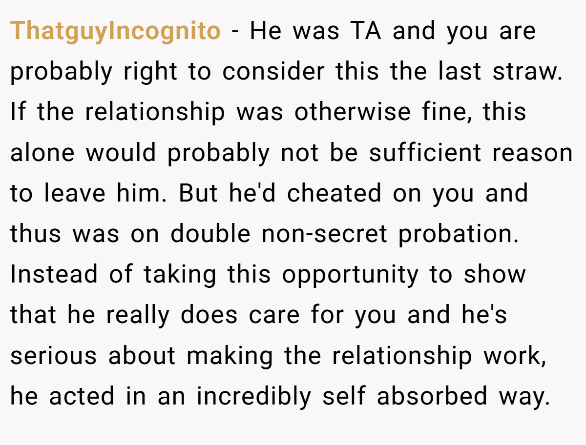 ThatguyIncognito − He was TA and you are probably right to consider this the last straw. If the relationship was otherwise fine, this alone would probably not be sufficient reason to leave him. But he'd cheated on you and thus was on double non-secret probation. Instead of taking this opportunity to show that he really does care for you and he's serious about making the relationship work, he acted in an incredibly self absorbed way.