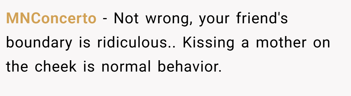 MNConcerto − Not wrong, your friend's boundary is ridiculous.. Kissing a mother on the cheek is normal behavior.