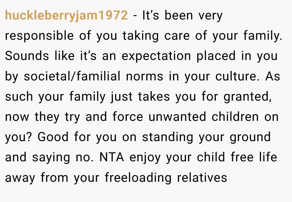 huckleberryjam1972 − It’s been very responsible of you taking care of your family. Sounds like it’s an expectation placed in you by societal/familial norms in your culture. As such your family just takes you for granted, now they try and force unwanted children on you? Good for you on standing your ground and saying no. NTA enjoy your child free life away from your freeloading relatives