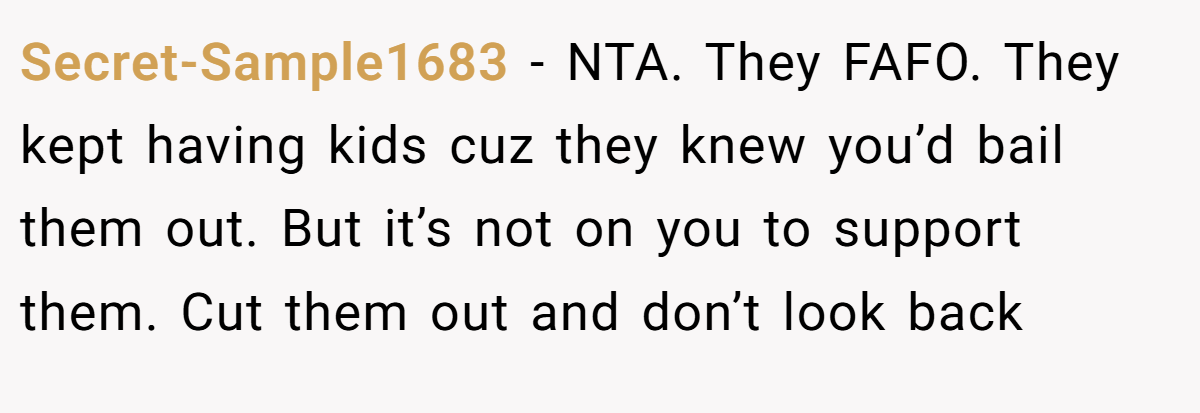 Secret-Sample1683 − NTA. They FAFO. They kept having kids cuz they knew you’d bail them out. But it’s not on you to support them. Cut them out and don’t look back