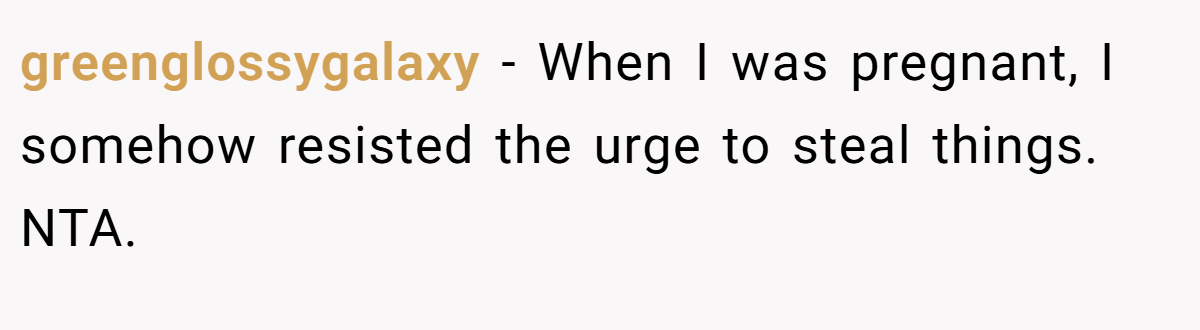 greenglossygalaxy − When I was pregnant, I somehow resisted the urge to steal things. NTA.