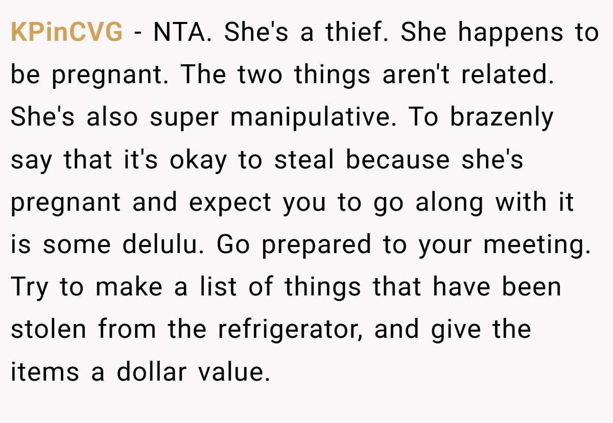 KPinCVG − NTA. She's a thief. She happens to be pregnant. The two things aren't related. She's also super manipulative. To brazenly say that it's okay to steal because she's pregnant and expect you to go along with it is some delulu. Go prepared to your meeting. Try to make a list of things that have been stolen from the refrigerator, and give the items a dollar value.