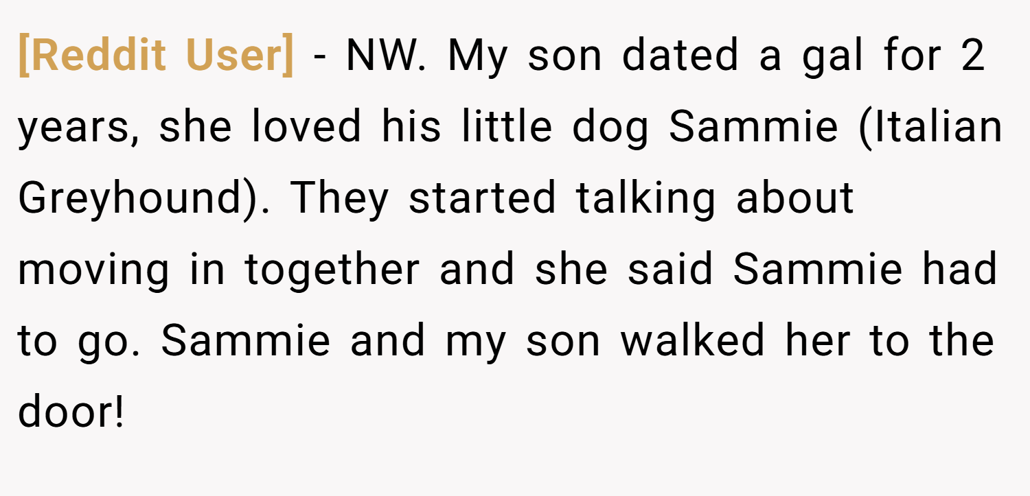[Reddit User] − NW. My son dated a gal for 2 years, she loved his little dog Sammie (Italian Greyhound). They started talking about moving in together and she said Sammie had to go. Sammie and my son walked her to the door!