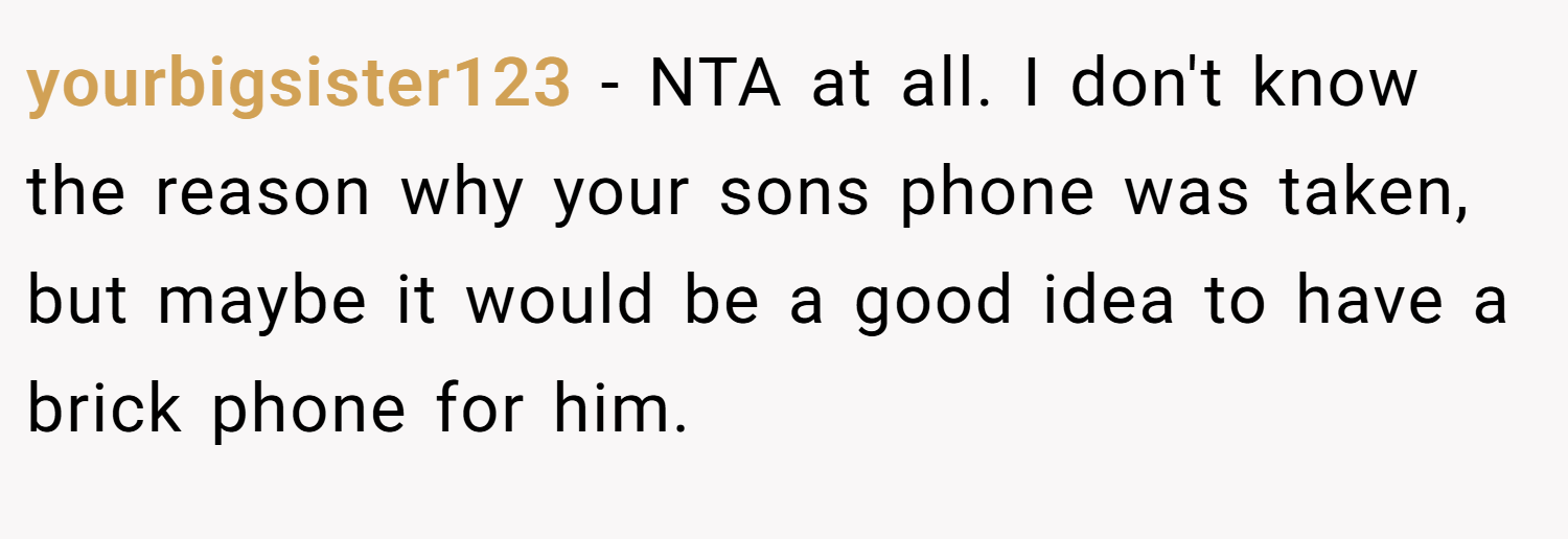 yourbigsister123 − NTA at all. I don't know the reason why your sons phone was taken, but maybe it would be a good idea to have a brick phone for him.