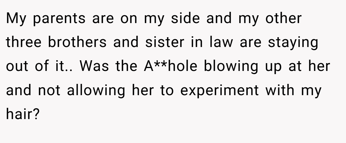 My parents are on my side and my other three brothers and sister in law are staying out of it.. Was the A**hole blowing up at her and not allowing her to experiment with my hair?