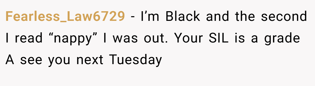 Fearless_Law6729 − I’m Black and the second I read “nappy” I was out. Your SIL is a grade A see you next Tuesday