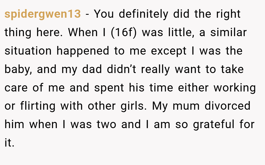 spidergwen13 − You definitely did the right thing here. When I (16f) was little, a similar situation happened to me except I was the baby, and my dad didn’t really want to take care of me and spent his time either working or flirting with other girls. My mum divorced him when I was two and I am so grateful for it.