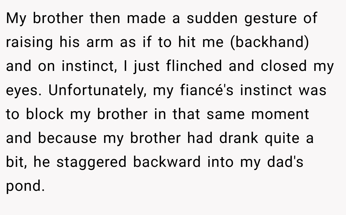 My brother then made a sudden gesture of raising his arm as if to hit me (backhand) and on instinct, I just flinched and closed my eyes. Unfortunately, my fiancé's instinct was to block my brother in that same moment and because my brother had drank quite a bit, he staggered backward into my dad's pond.