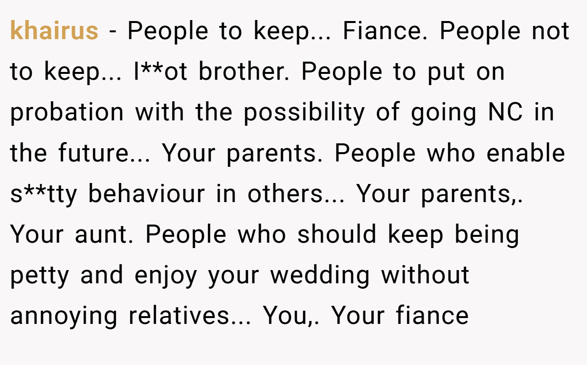 khairus − People to keep... Fiance. People not to keep... I**ot brother. People to put on probation with the possibility of going NC in the future... Your parents. People who enable s**tty behaviour in others... Your parents,. Your aunt. People who should keep being petty and enjoy your wedding without annoying relatives... You,. Your fiance