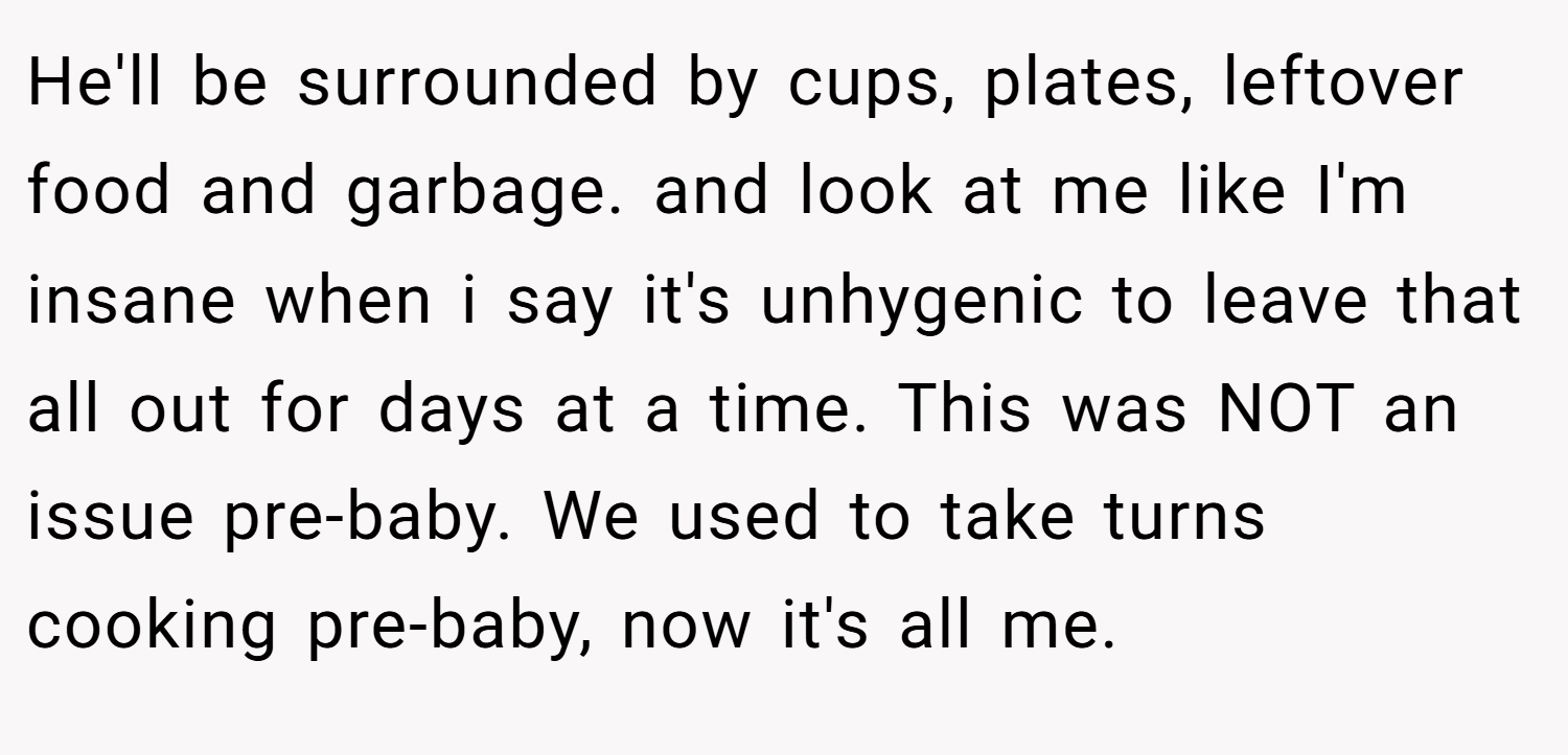He'll be surrounded by cups, plates, leftover food and garbage. and look at me like I'm insane when i say it's unhygenic to leave that all out for days at a time. This was NOT an issue pre-baby. We used to take turns cooking pre-baby, now it's all me.
