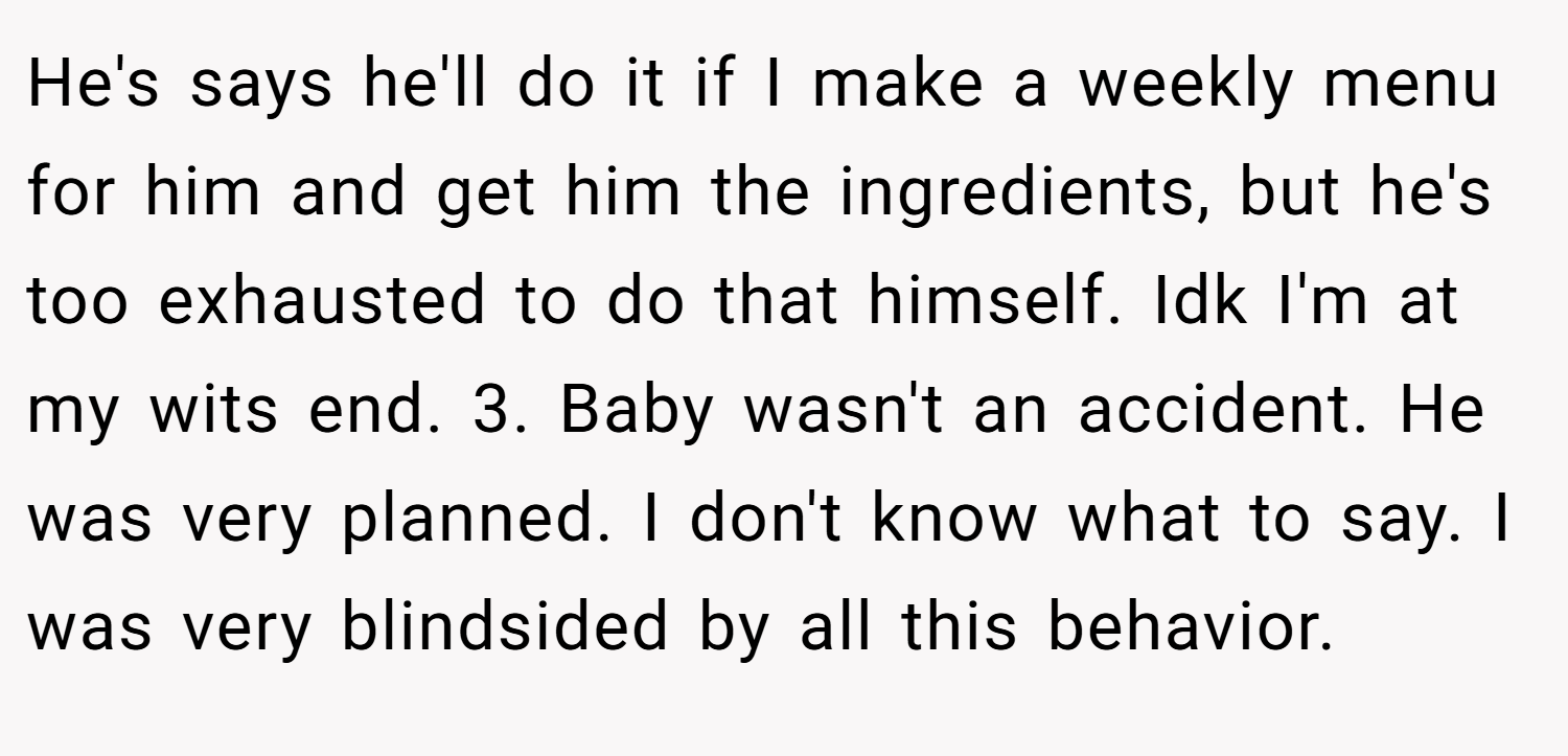 He's says he'll do it if I make a weekly menu for him and get him the ingredients, but he's too exhausted to do that himself. Idk I'm at my wits end. 3. Baby wasn't an accident. He was very planned. I don't know what to say. I was very blindsided by all this behavior.