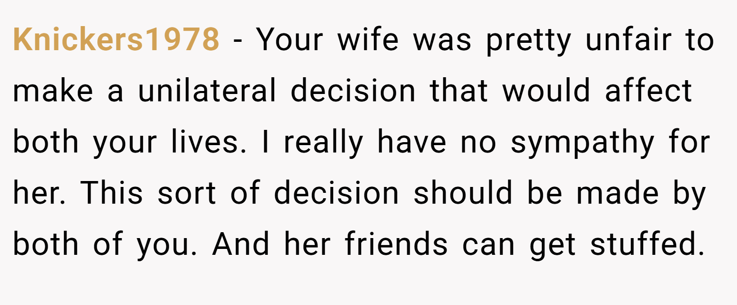 Knickers1978 − Your wife was pretty unfair to make a unilateral decision that would affect both your lives. I really have no sympathy for her. This sort of decision should be made by both of you. And her friends can get stuffed.