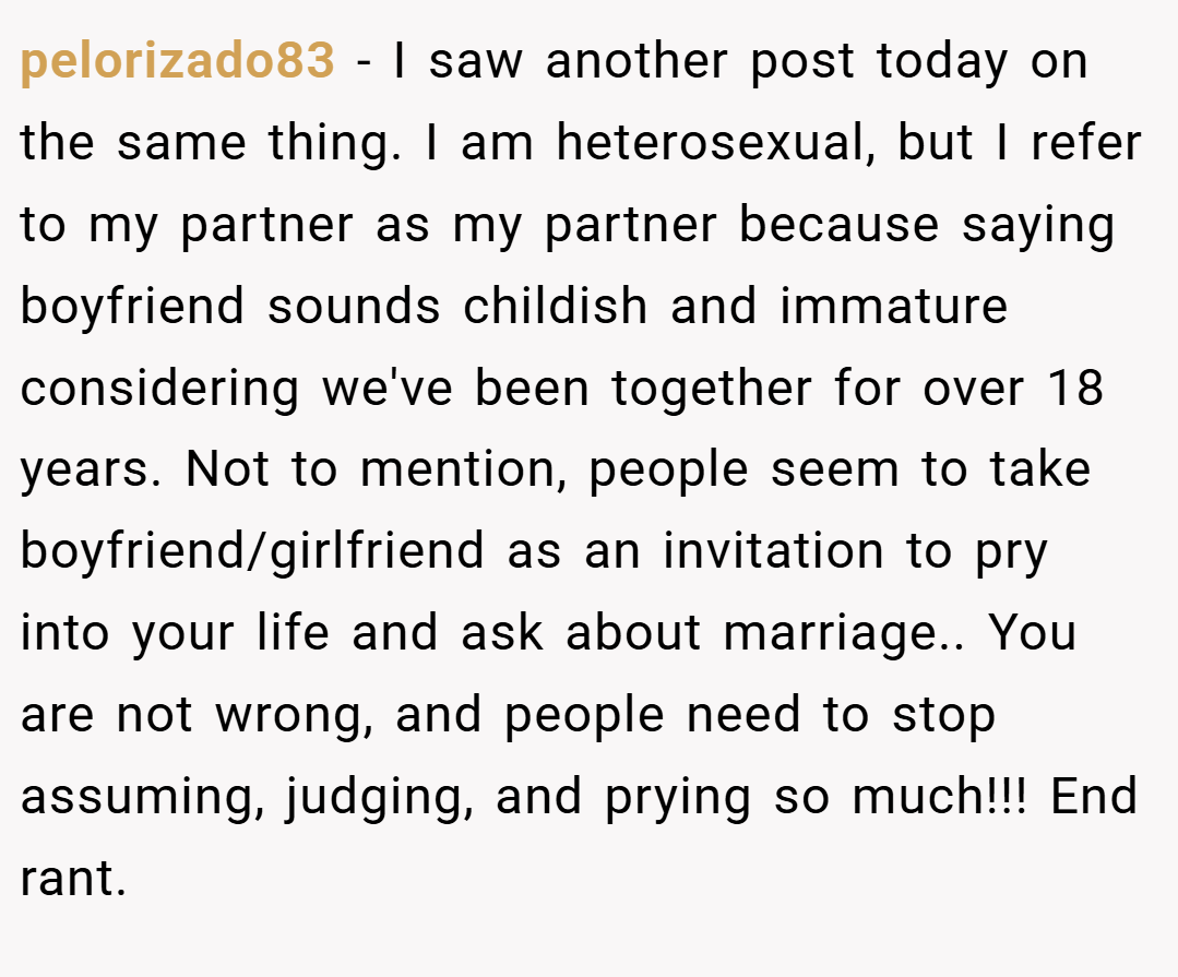 pelorizado83 − I saw another post today on the same thing. I am heterosexual, but I refer to my partner as my partner because saying boyfriend sounds childish and immature considering we've been together for over 18 years. Not to mention, people seem to take boyfriend/girlfriend as an invitation to pry into your life and ask about marriage.. You are not wrong, and people need to stop assuming, judging, and prying so much!!! End rant.