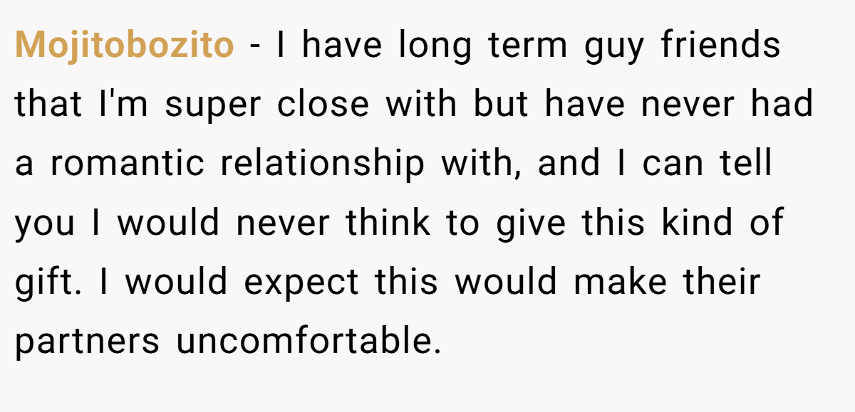 Mojitobozito − I have long term guy friends that I'm super close with but have never had a romantic relationship with, and I can tell you I would never think to give this kind of gift. I would expect this would make their partners uncomfortable.