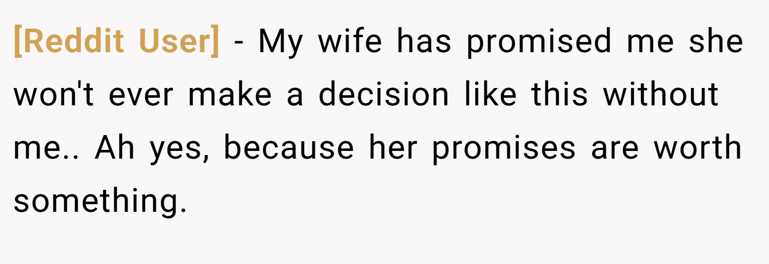 [Reddit User] − My wife has promised me she won't ever make a decision like this without me.. Ah yes, because her promises are worth something.