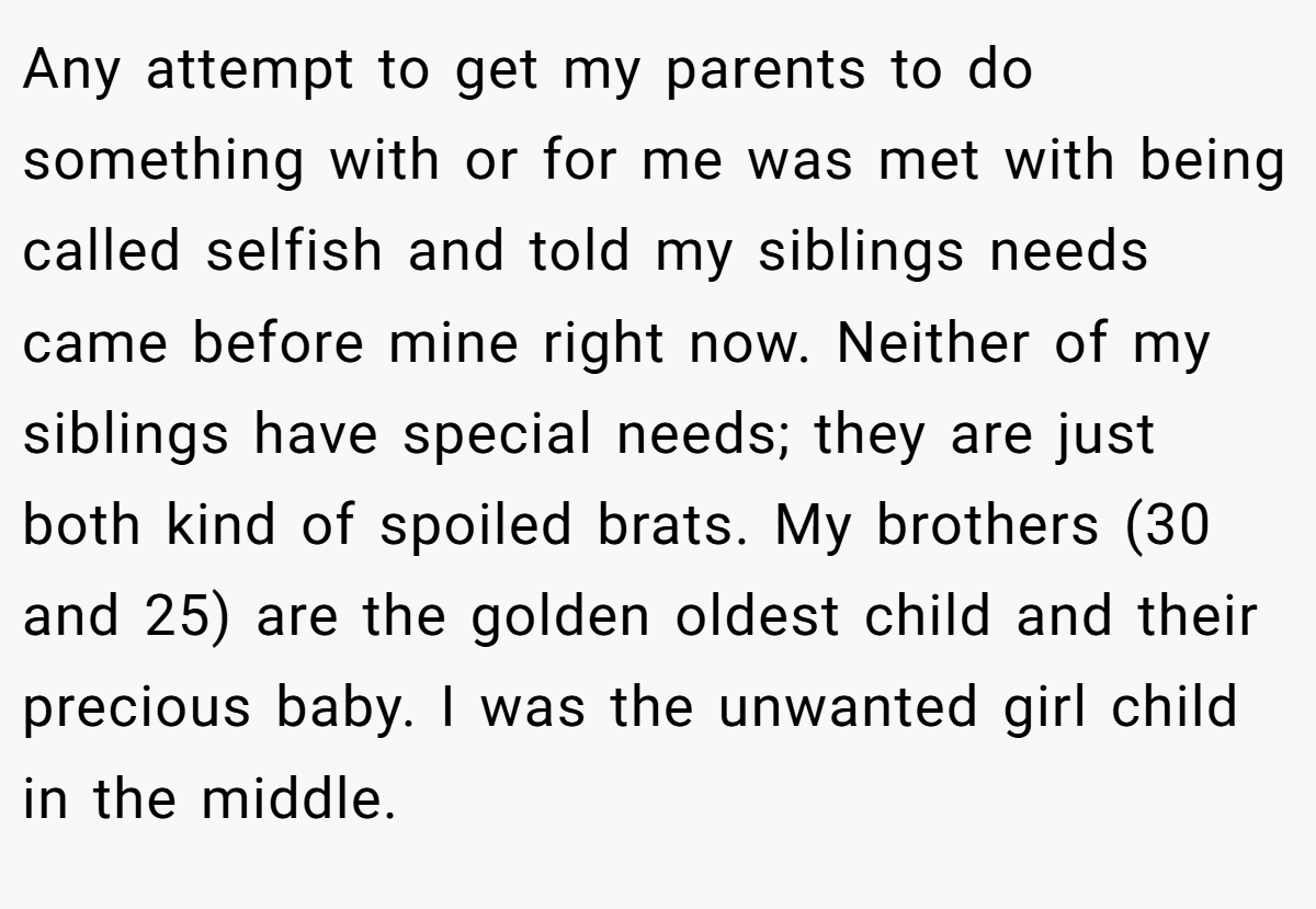 Any attempt to get my parents to do something with or for me was met with being called selfish and told my siblings needs came before mine right now. Neither of my siblings have special needs; they are just both kind of spoiled brats. My brothers (30 and 25) are the golden oldest child and their precious baby. I was the unwanted girl child in the middle.