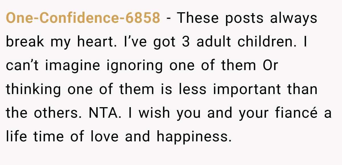 One-Confidence-6858 − These posts always break my heart. I’ve got 3 adult children. I can’t imagine ignoring one of them Or thinking one of them is less important than the others. NTA. I wish you and your fiancé a life time of love and happiness.