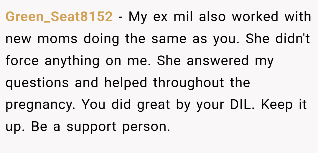 Green_Seat8152 − My ex mil also worked with new moms doing the same as you. She didn't force anything on me. She answered my questions and helped throughout the pregnancy. You did great by your DIL. Keep it up. Be a support person.