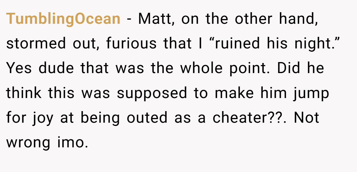 TumblingOcean − Matt, on the other hand, stormed out, furious that I “ruined his night.” Yes dude that was the whole point. Did he think this was supposed to make him jump for joy at being outed as a cheater??. Not wrong imo.