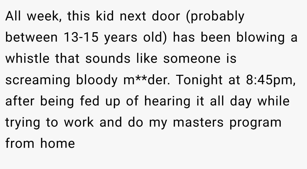 All week, this kid next door (probably between 13-15 years old) has been blowing a whistle that sounds like someone is screaming bloody m**der. Tonight at 8:45pm, after being fed up of hearing it all day while trying to work and do my masters program from home
