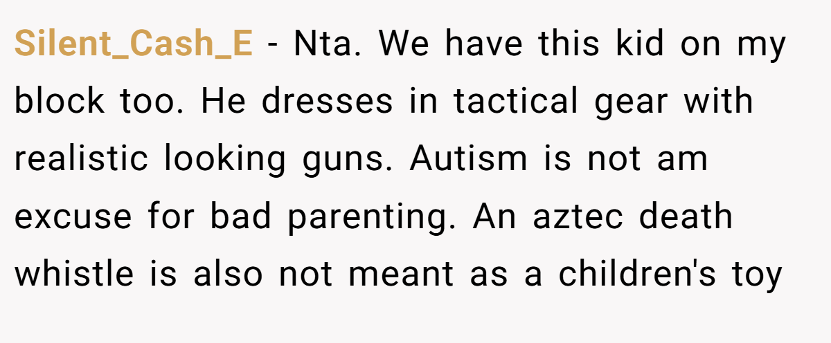 Silent_Cash_E − Nta. We have this kid on my block too. He dresses in tactical gear with realistic looking guns. Autism is not am excuse for bad parenting. An aztec death whistle is also not meant as a children's toy