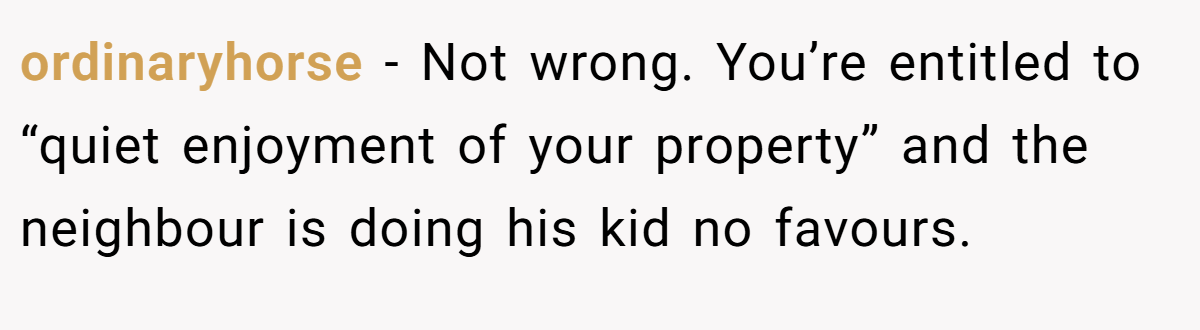 ordinaryhorse − Not wrong. You’re entitled to “quiet enjoyment of your property” and the neighbour is doing his kid no favours.