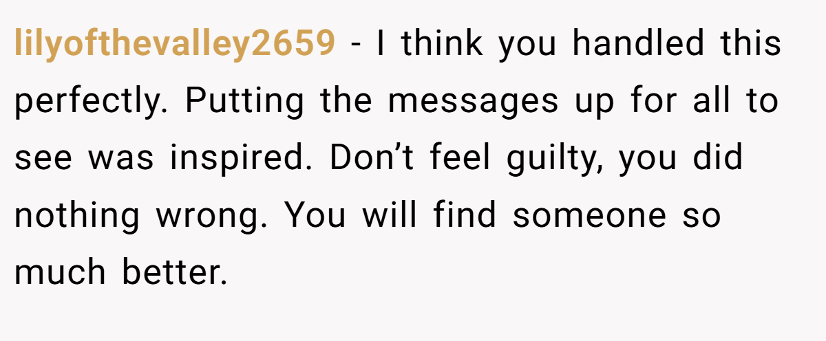 lilyofthevalley2659 − I think you handled this perfectly. Putting the messages up for all to see was inspired. Don’t feel guilty, you did nothing wrong. You will find someone so much better.