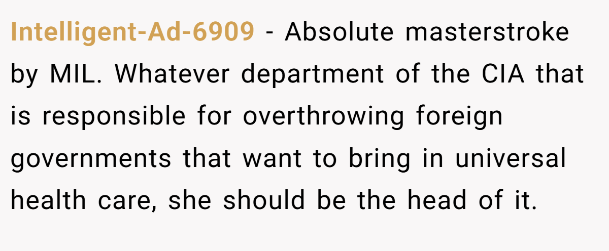 Intelligent-Ad-6909 − Absolute masterstroke by MIL. Whatever department of the CIA that is responsible for overthrowing foreign governments that want to bring in universal health care, she should be the head of it.