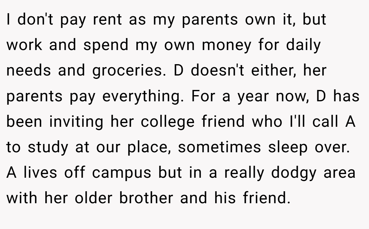 I don't pay rent as my parents own it, but work and spend my own money for daily needs and groceries. D doesn't either, her parents pay everything. For a year now, D has been inviting her college friend who I'll call A to study at our place, sometimes sleep over. A lives off campus but in a really dodgy area with her older brother and his friend.