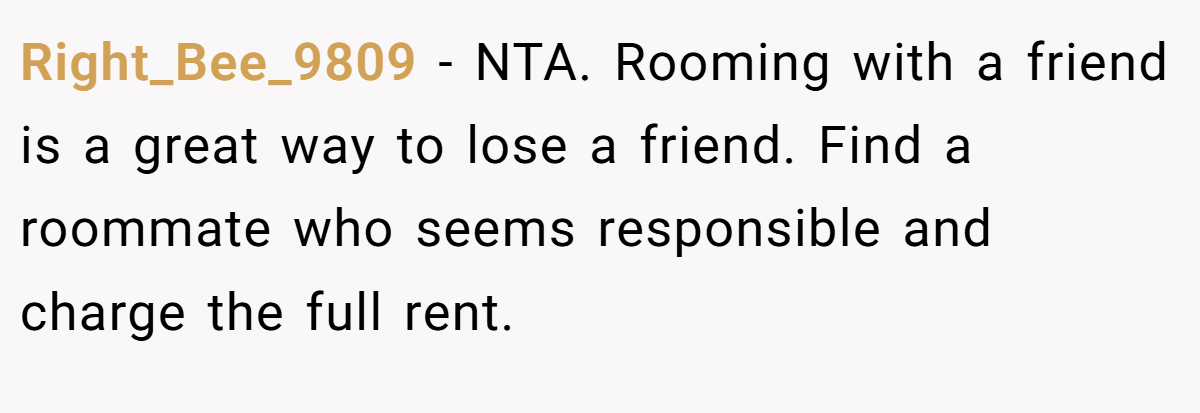 Right_Bee_9809 − NTA. Rooming with a friend is a great way to lose a friend. Find a roommate who seems responsible and charge the full rent.