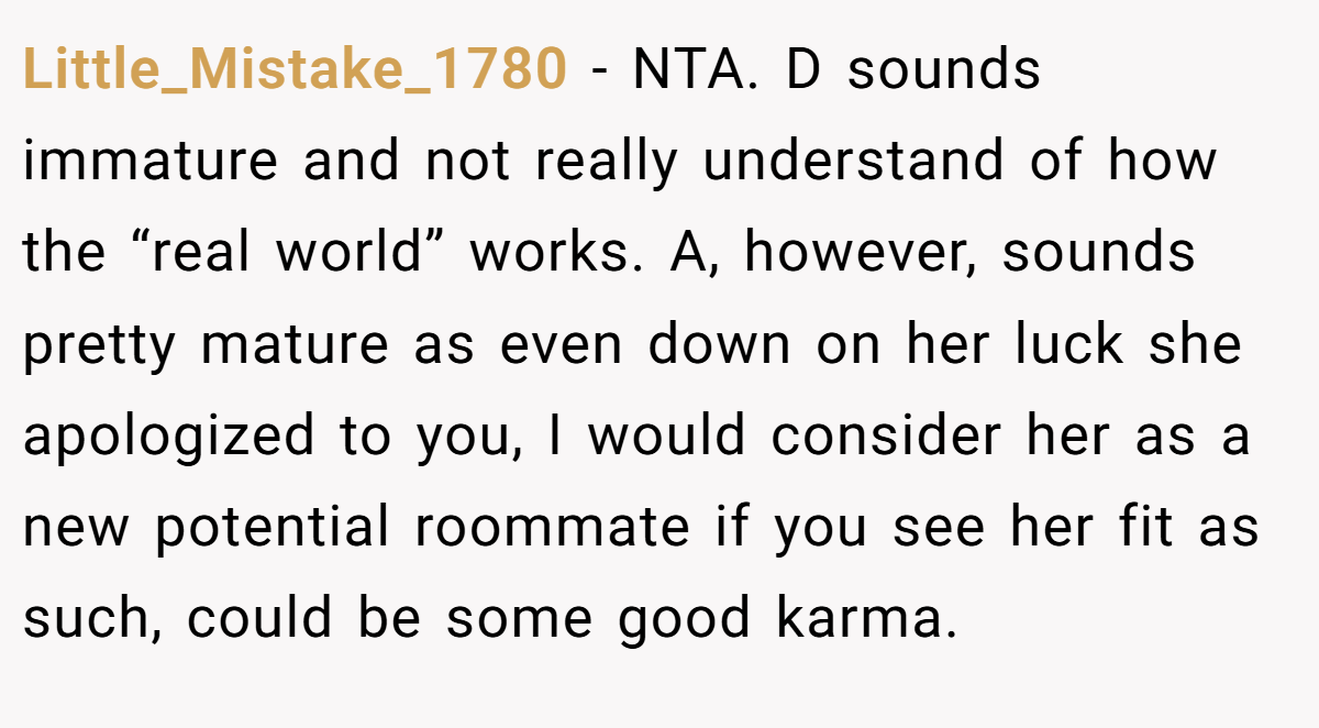 Little_Mistake_1780 − NTA. D sounds immature and not really understand of how the “real world” works. A, however, sounds pretty mature as even down on her luck she apologized to you, I would consider her as a new potential roommate if you see her fit as such, could be some good karma.