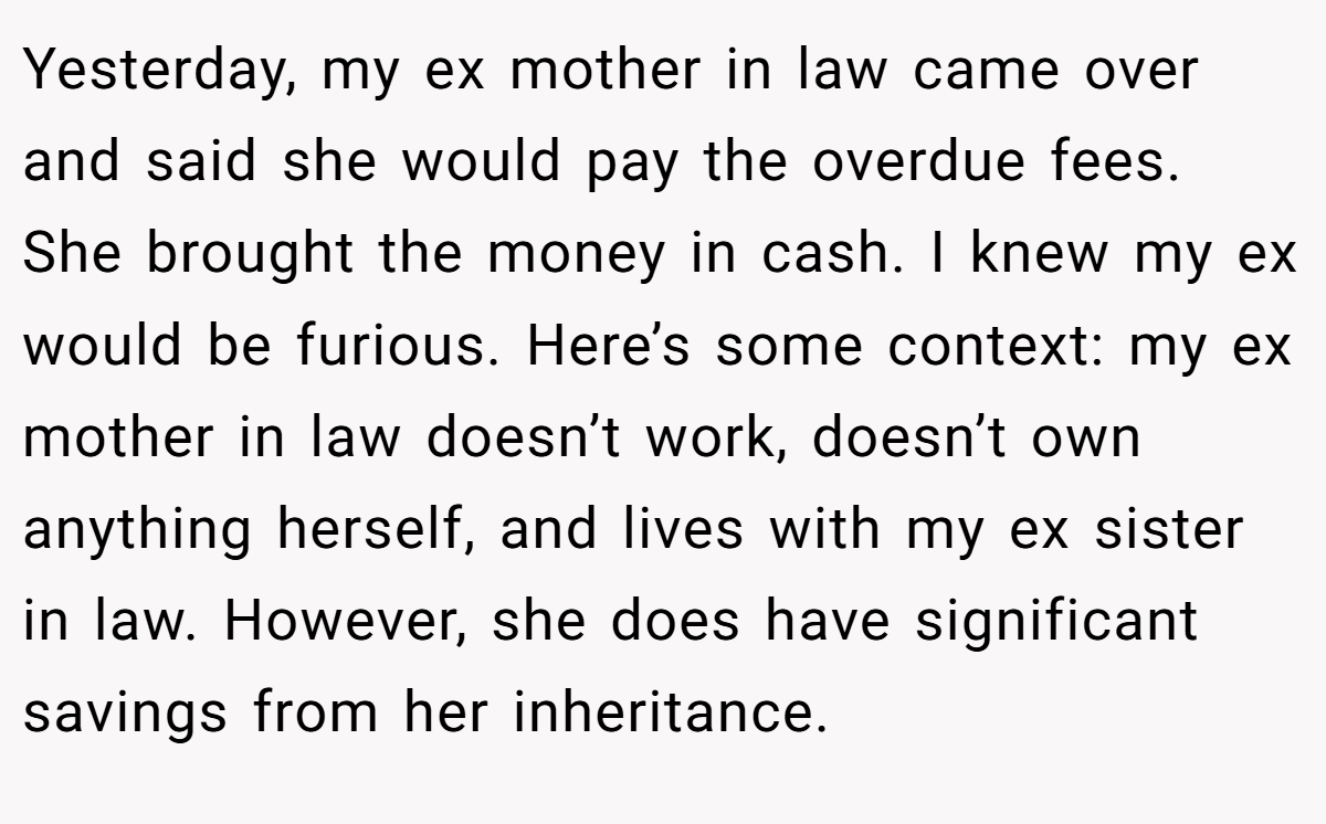 Yesterday, my ex mother in law came over and said she would pay the overdue fees. She brought the money in cash. I knew my ex would be furious. Here’s some context: my ex mother in law doesn’t work, doesn’t own anything herself, and lives with my ex sister in law. However, she does have significant savings from her inheritance.