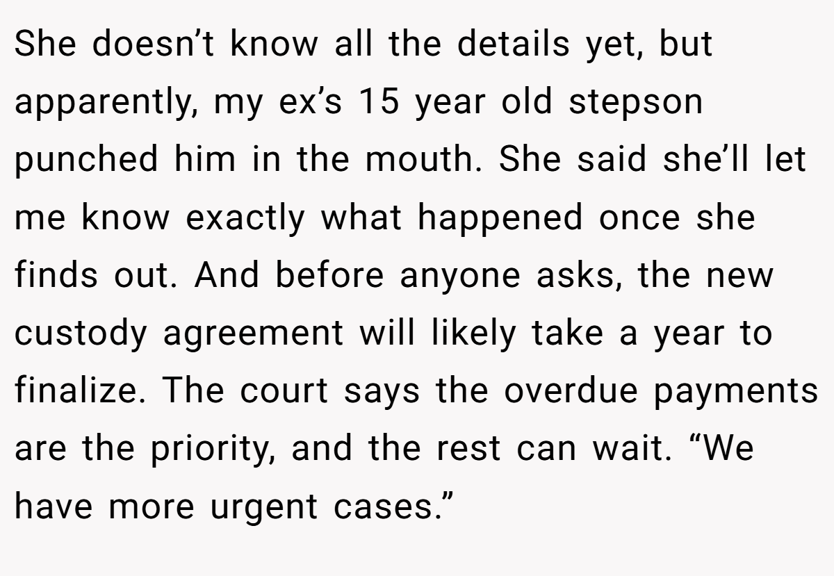 She doesn’t know all the details yet, but apparently, my ex’s 15 year old stepson punched him in the mouth. She said she’ll let me know exactly what happened once she finds out. And before anyone asks, the new custody agreement will likely take a year to finalize. The court says the overdue payments are the priority, and the rest can wait. “We have more urgent cases.”