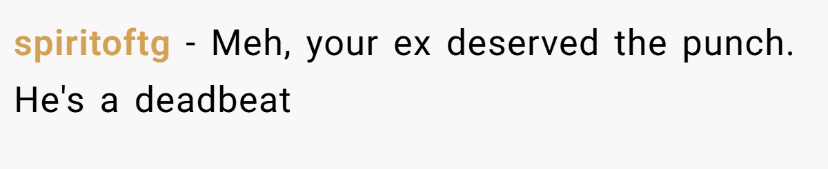 spiritoftg − Meh, your ex deserved the punch. He's a deadbeat